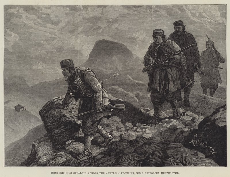 Montenegrolaiset varastavat Itävallan rajalla lähellä Crivosciet Hertsegovinassa tekijältä Johann Nepomuk Schonberg