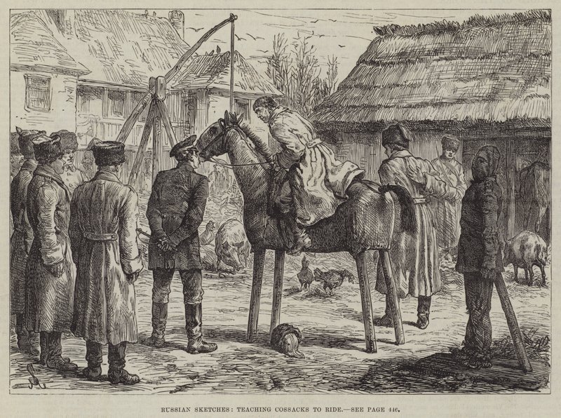 Venäläisiä luonnoksia, kasakoiden opettaminen ratsastamaan tekijältä Johann Nepomuk Schonberg