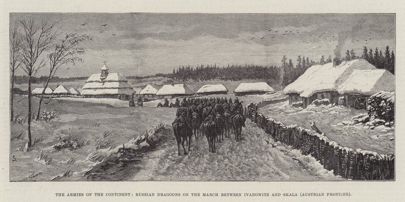 Mannermaan armeijat, venäläiset draguunit Ivanowitzin ja Skalan välisellä marssilla (Itävallan raja) tekijältä Johann Nepomuk Schonberg