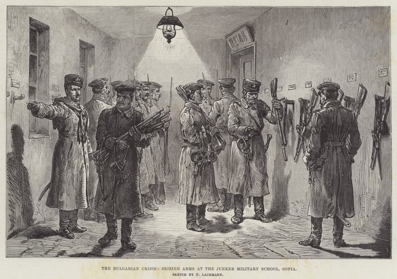 Bulgarian kriisi, aseiden takavarikointi Junkerin sotilaskoulussa Sofiassa tekijältä Johann Nepomuk Schonberg
