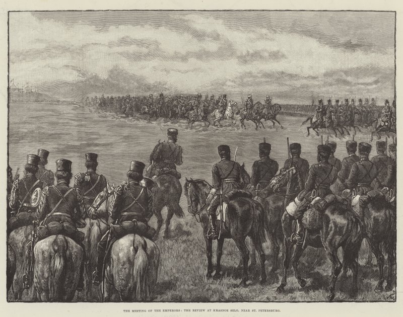 Keisareiden kokous, katselmus Krasnoje Selossa, Pietarin lähellä tekijältä Johann Nepomuk Schonberg