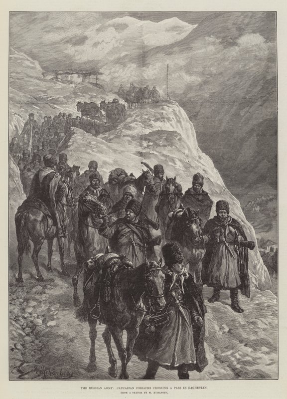 Venäjän armeija, kaukasialaiset kasakat ylittävät solan Dagestanissa. tekijältä Johann Nepomuk Schonberg