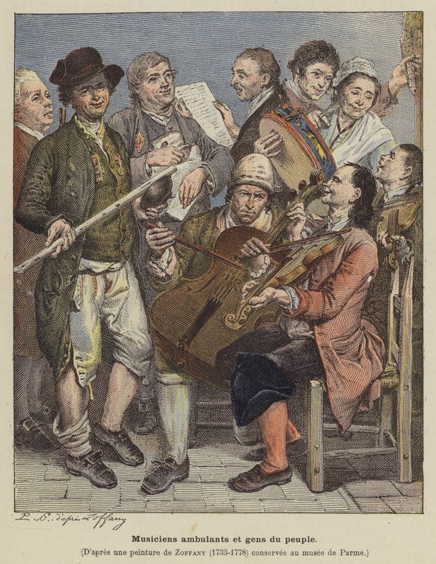 Matkustavat muusikot ja tavalliset ihmiset (värilitho) tekijältä Johann (after) Zoffany