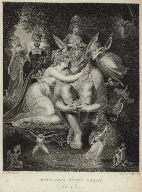 Titania suutelee Bottomia Kesäyön unessa tekijältä Johann Heinrich Füssli