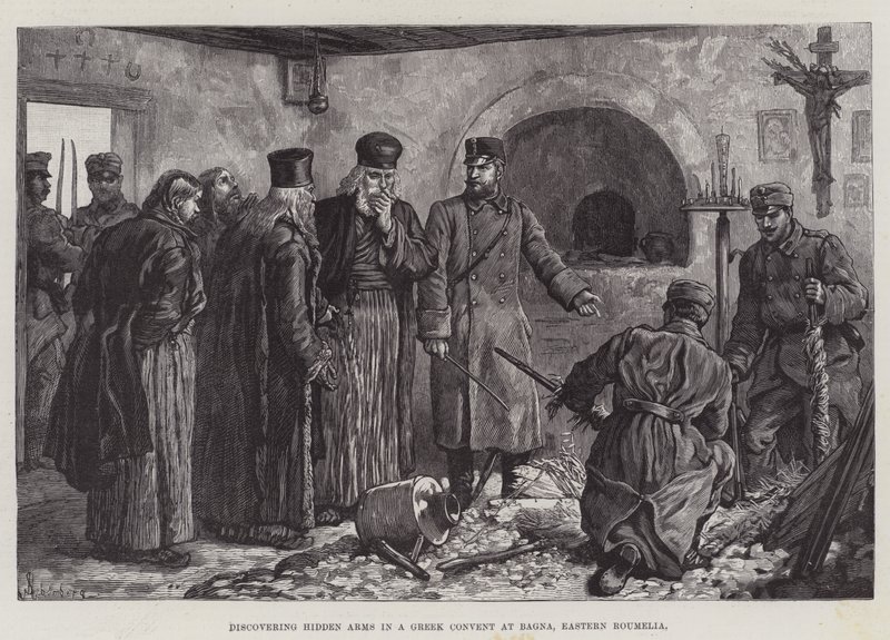 Piilotettuja aseita kreikkalaisessa luostarissa Bagnassa, Itä-Rumeliassa. tekijältä Johann Nepomuk Schonberg