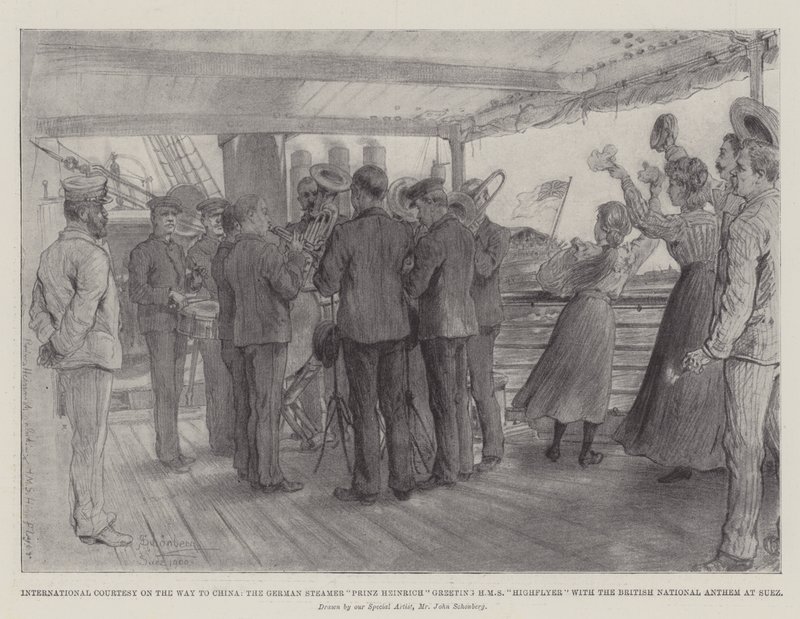 Kansainvälinen kohteliaisuus matkalla Kiinaan, saksalainen höyrylaiva Prinz Heinrich tervehtii HMS Highflyeriä Britannian kansallislaululla Suezissa tekijältä Johann Nepomuk Schonberg