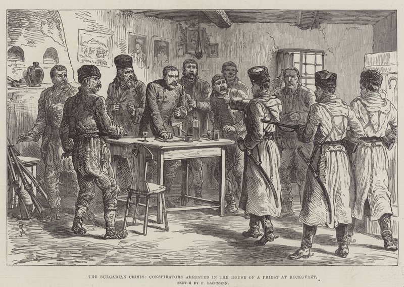 Bulgarian kriisi, salaliittolaiset pidätettiin papin talossa Beckovaztissa. tekijältä Johann Nepomuk Schonberg