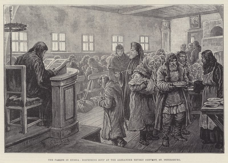 Nälänhätä Venäjällä, keiton jakelu Aleksanteri Nevskin luostarissa Pietarissa tekijältä Johann Nepomuk Schonberg