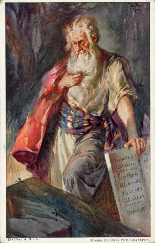 Mooses nuhtelee israelilaisia (värilitografia) tekijältä Johannes Adolf Tillack