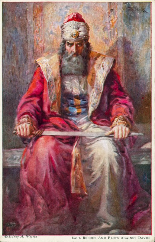 Saul murehtii ja juonittelee Daavidia vastaan (värilitografia). tekijältä Johannes Adolf Tillack