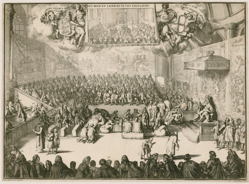 Istunto alahuoneessa George II:n kanssa valtaistuimella tekijältä Johannes and Mortier, Cornelis Covens