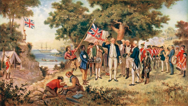Kapteeni Cook ottaa haltuunsa Australian mantereen Britannian kruunun puolesta, 1770 tekijältä John Alexander after Gilfillan
