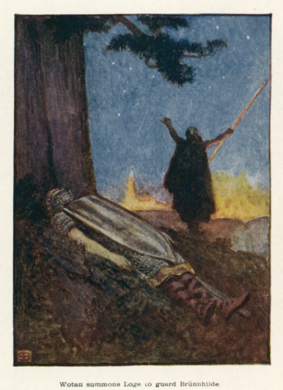 Wotan kutsuu Logen vartioimaan Brunnhildeä. tekijältä John Byam Liston Shaw
