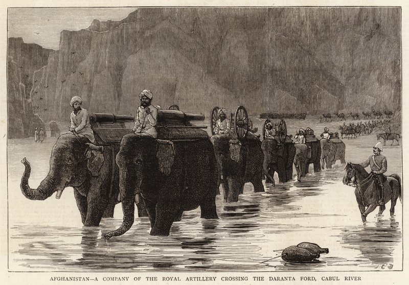 Afghanistan, kuninkaallisen tykistökomppania, joka ylittää Daranta Fordin, Cabul-joen tekijältä John Charles Dollman