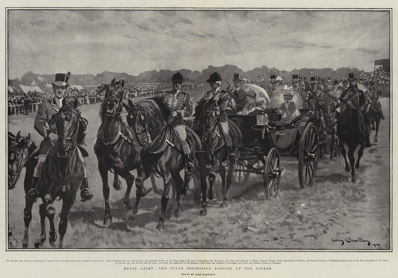 Royal Ascot, valtiollinen kulkue kulkee radan varrella. tekijältä John Charlton