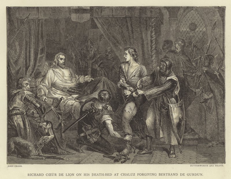 Richard Coeur de Lion kuolinvuoteellaan Chaluzissa antamassa anteeksi Bertrand de Gurdunia tekijältä John Cross