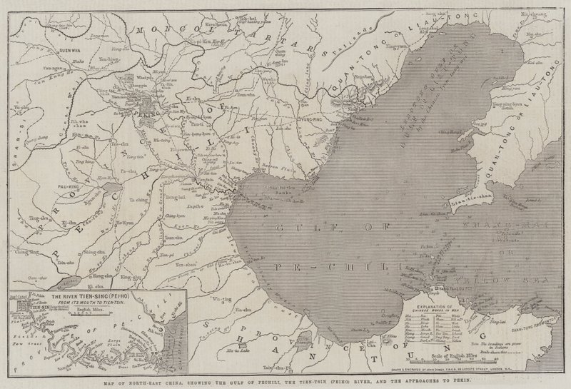 Koillis-Kiinan kartta, jossa näkyvät Pechilinlahti, Tien-Tsin (Peiho) -joki ja Pekinin lähestymisalueet. tekijältä John Dower