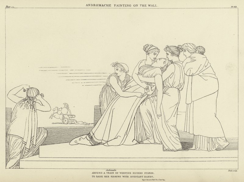 Andromache pyörtyy muurilla tekijältä John Flaxman