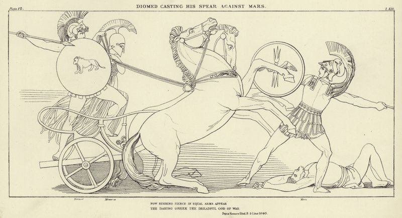Diomed heittää keihäänsä Marsia vastaan tekijältä John Flaxman