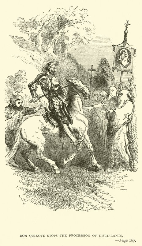 Don Quijote pysäyttää kurinpitäjien kulkueen. tekijältä John Gilbert