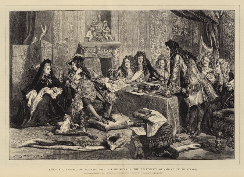 Louis XIV, asioimassa ministeriensä kanssa Madame de Maintenonin asunnoissa tekijältä John Gilbert