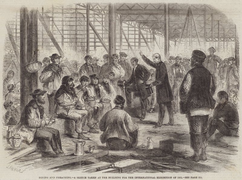 Ruokailu ja saarnaaminen, luonnos, joka on otettu vuoden 1862 kansainvälisen näyttelyn rakennuksesta tekijältä John Palmer