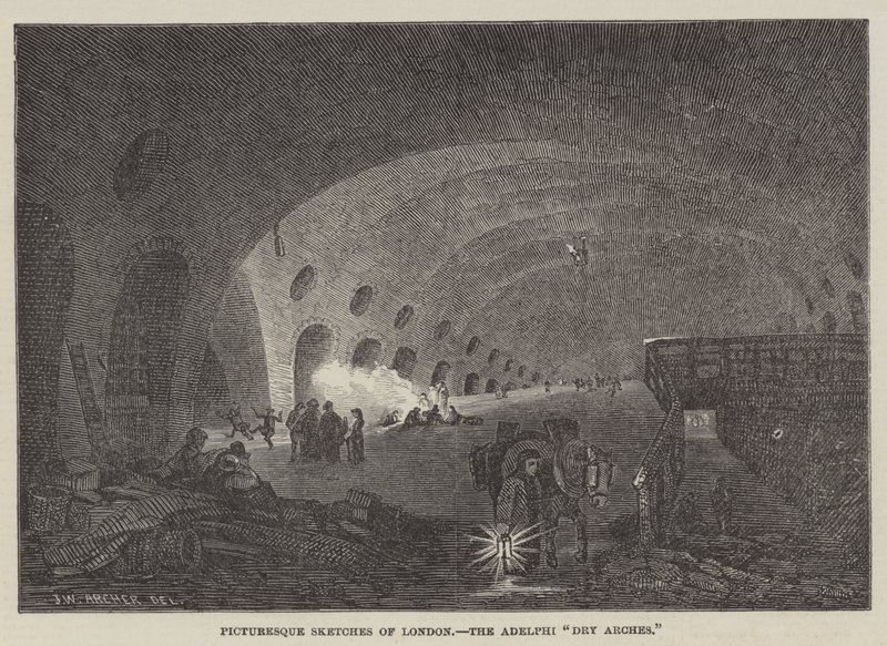 Kuvankaunis luonnokset Lontoosta, Adelphi Dry Arches tekijältä John Wykeham Archer