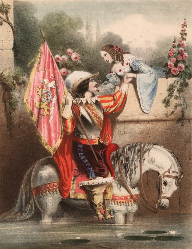 Katso puutarhamuurille Kate - sotilas valkoisella hevosella tapaamassa rakkautensa (väri litho) tekijältä John (after) Brandard