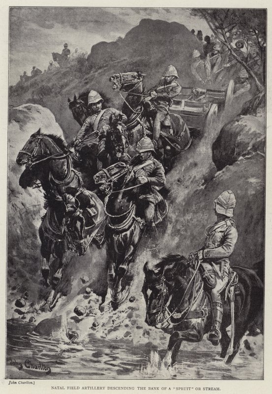 Natal Field Artillery laskeutuu "Spruit" tai -virran pankista (litho) tekijältä John (after) Charlton