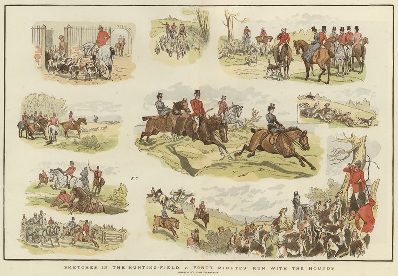 Luonnokset metsästyskentällä (väri litho) tekijältä John (after) Charlton