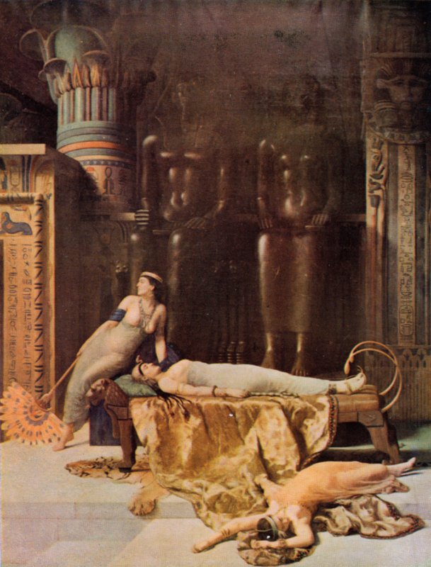 Shakespeare: Kleopatran kuolema, Antonius ja Kleopatra, V näytös, kohtaus 2 (värilitho) tekijältä John (after) Collier