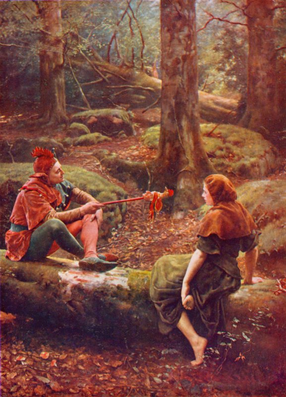 Shakespeare: Touchstone ja Audrey Ardenin metsässä, kuten haluat, näytös III, kohtaus 3 (värilitho) tekijältä John (after) Collier