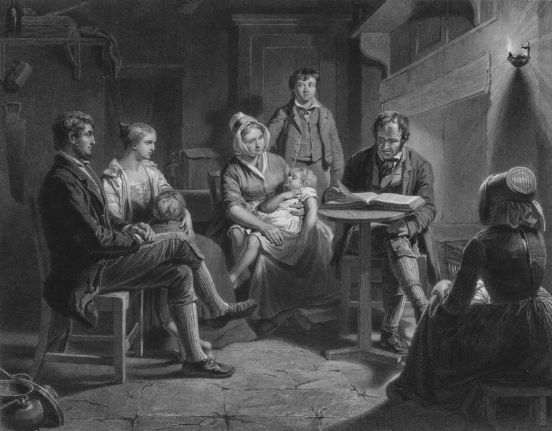 Kuvitus Robert Burnsin The Cottarin lauantai-iltaan, säe XII (kaiverrus) tekijältä John (after) Faed