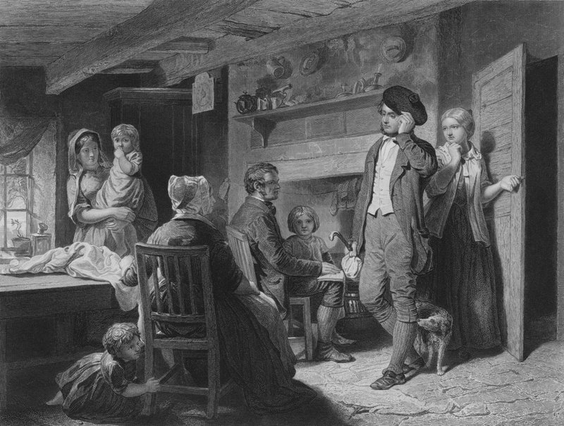 Kuvitus Robert Burnsin Cottarin lauantai-iltaan, säkeet VII ja VIII (kaiverrus) tekijältä John (after) Faed