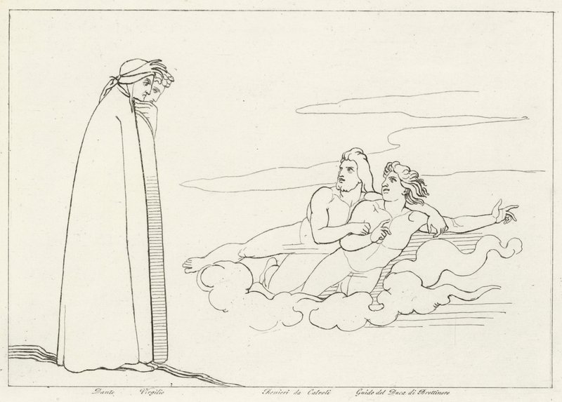 Keskustelu Guido Di Brettinoron kanssa, Kiirastule, Canto 14 (kaiverrus) tekijältä John (after) Flaxman