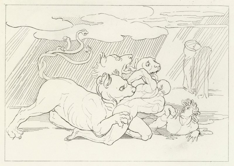 Cerberus, Inferno, Canto 6 (kaiverrus) tekijältä John (after) Flaxman