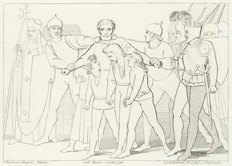 Kreivi Ugolino takavarikoitu, Inferno, Canto 33 (kaiverrus) tekijältä John (after) Flaxman