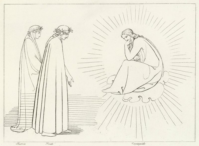 Dante keskustelee Cacciaguidan kanssa, Paratiisi, Canto 17 (kaiverrus) tekijältä John (after) Flaxman