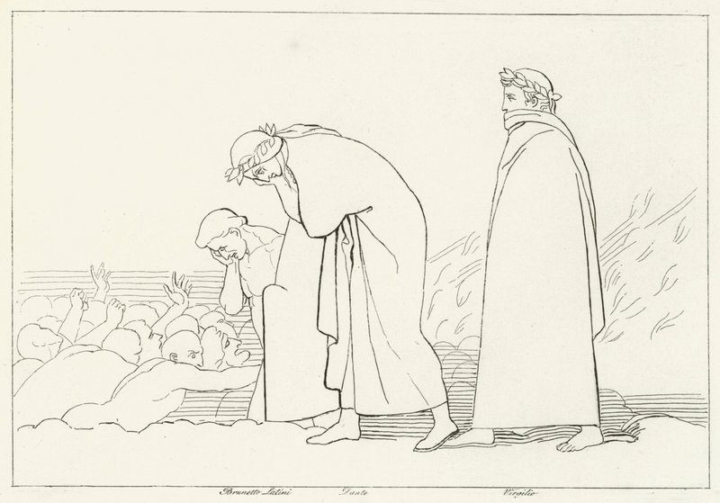 Dante keskustelee opettajansa kanssa, Inferno, Canto 15 (kaiverrus) tekijältä John (after) Flaxman