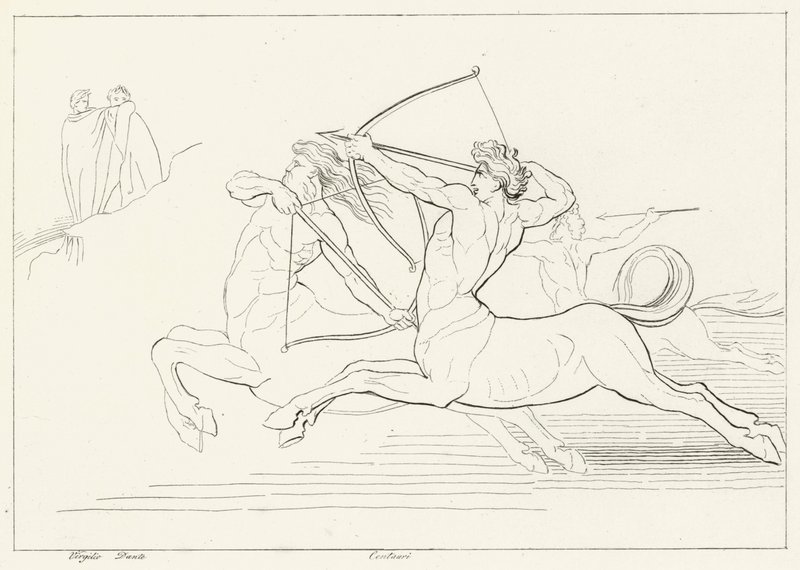 Kentaurien kohtaaminen, Inferno, Canto 12 (kaiverrus) tekijältä John (after) Flaxman