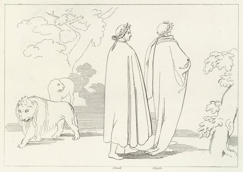 Sisääntulo pimeään puuhun, Inferno, Canto 1 (kaiverrus) tekijältä John (after) Flaxman