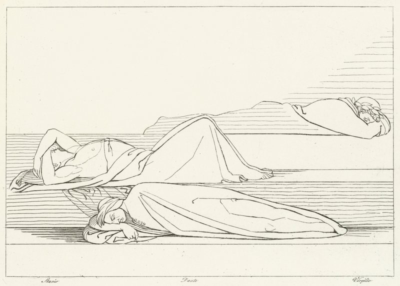 Runoilijat lepäämässä, Kiirastule, Canto 27 (kaiverrus) tekijältä John (after) Flaxman