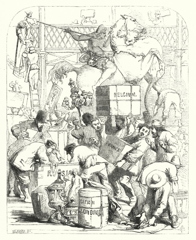 Tavaroiden saapuminen näytteillepantavaksi vuoden 1851 suureen näyttelyyn, Crystal Palace, Hyde Park, Lontoo (kaiverrus) tekijältä John (after) Gilbert