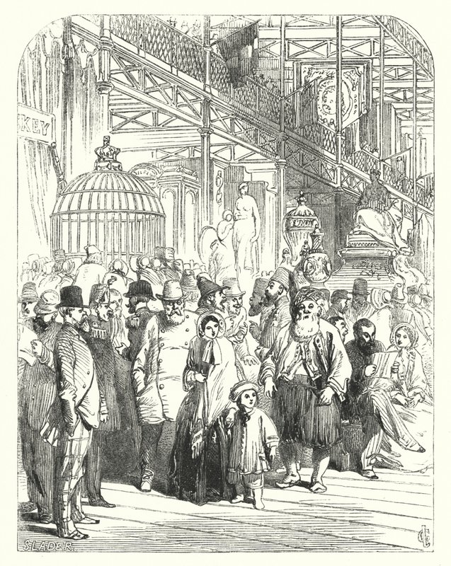 Näytteilleasettajat ja vierailijat Crystal Palacessa, Hyde Parkissa, Lontoossa, vuoden 1851 suuren näyttelyn paikka (kaiverrus) tekijältä John (after) Gilbert