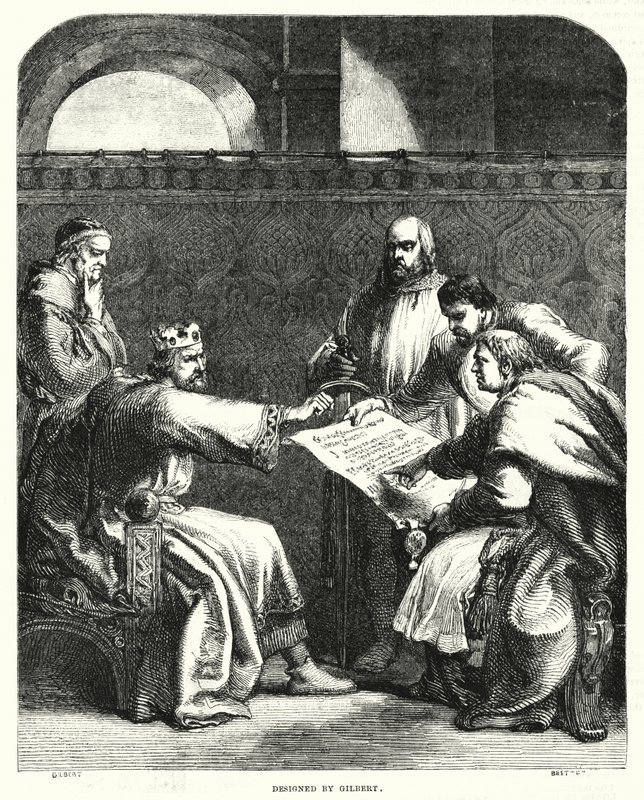 Kuningas John kieltäytyi allekirjoittamasta Magna Chartaa Oxfordissa vuonna 1215 (kaiverrus) tekijältä John (after) Gilbert