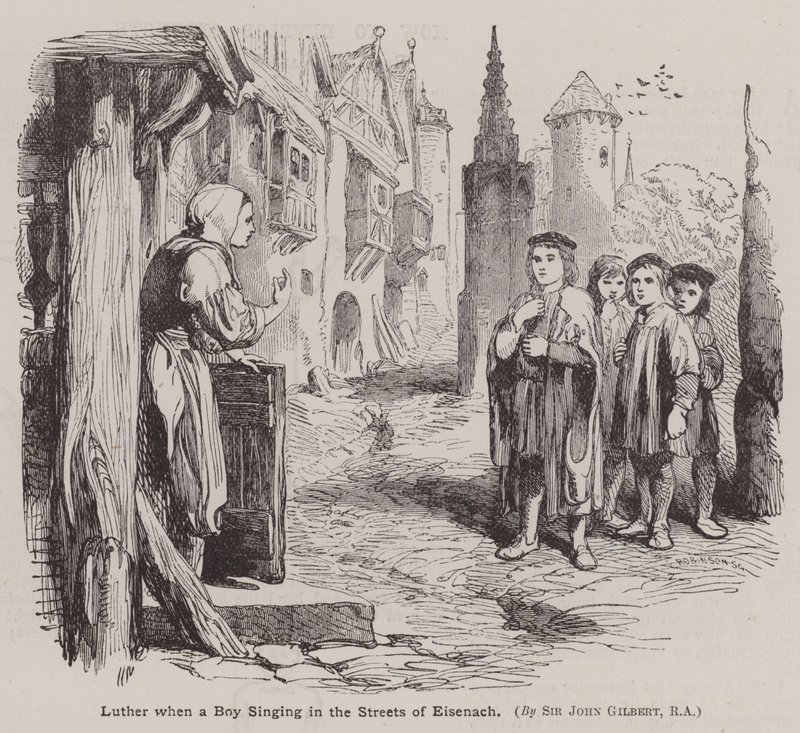 Martin Luther, kun poika lauloi Eisenachin kaduilla (kaiverrus) tekijältä John (after) Gilbert