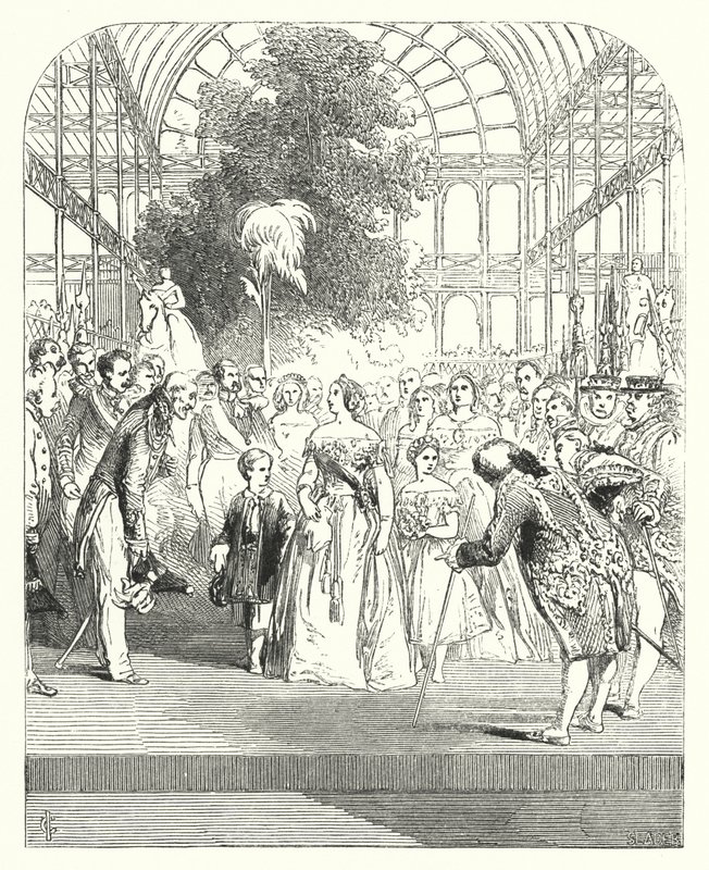 Kuningatar Victoria ja hänen lapsensa vierailemassa suuressa näyttelyssä 1851, Crystal Palace, Hyde Park, Lontoo (kaiverrus) tekijältä John (after) Gilbert