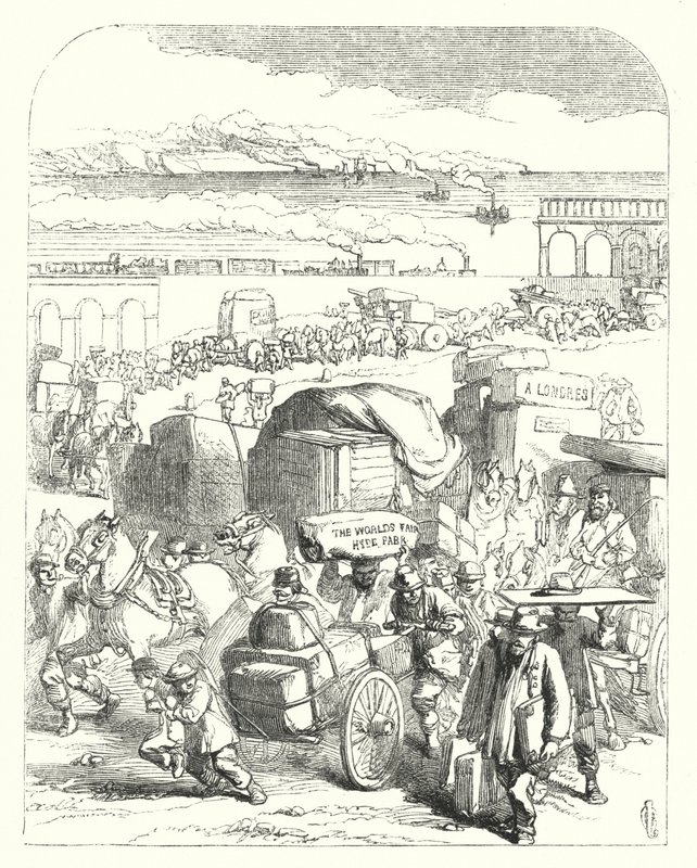 Laivat ja junat tuovat kävijöitä vuoden 1851 suureen näyttelyyn, Crystal Palace, Hyde Park, Lontoo (kaiverrus) tekijältä John (after) Gilbert