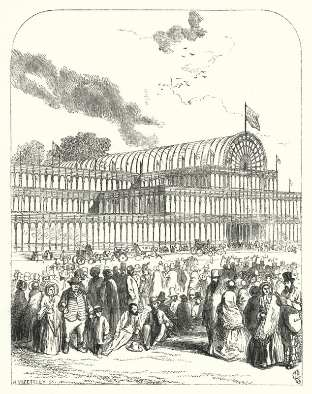 Crystal Palace Hyde Parkissa Lontoossa, vuoden 1851 suuren näyttelyn paikka, suunnitteli Joseph Paxton ja Charles Fox (kaiverrus) tekijältä John (after) Gilbert