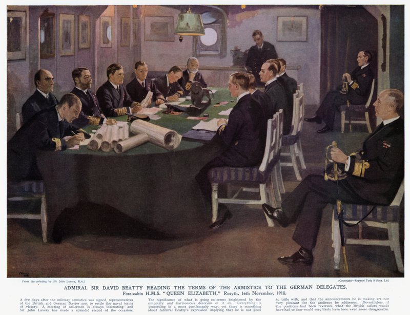 Amiraali Sir David Beatty lukee aselevon ehtoja saksalaisille valtuuskunnille, HMS:n etumökin Queen Elizabeth, Rosyth tekijältä John (after) Lavery
